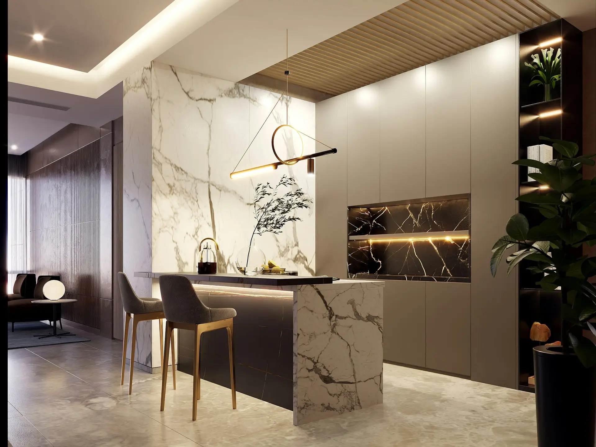High-end marble and dark wood interior fit-out with gold accents, Dubai villa