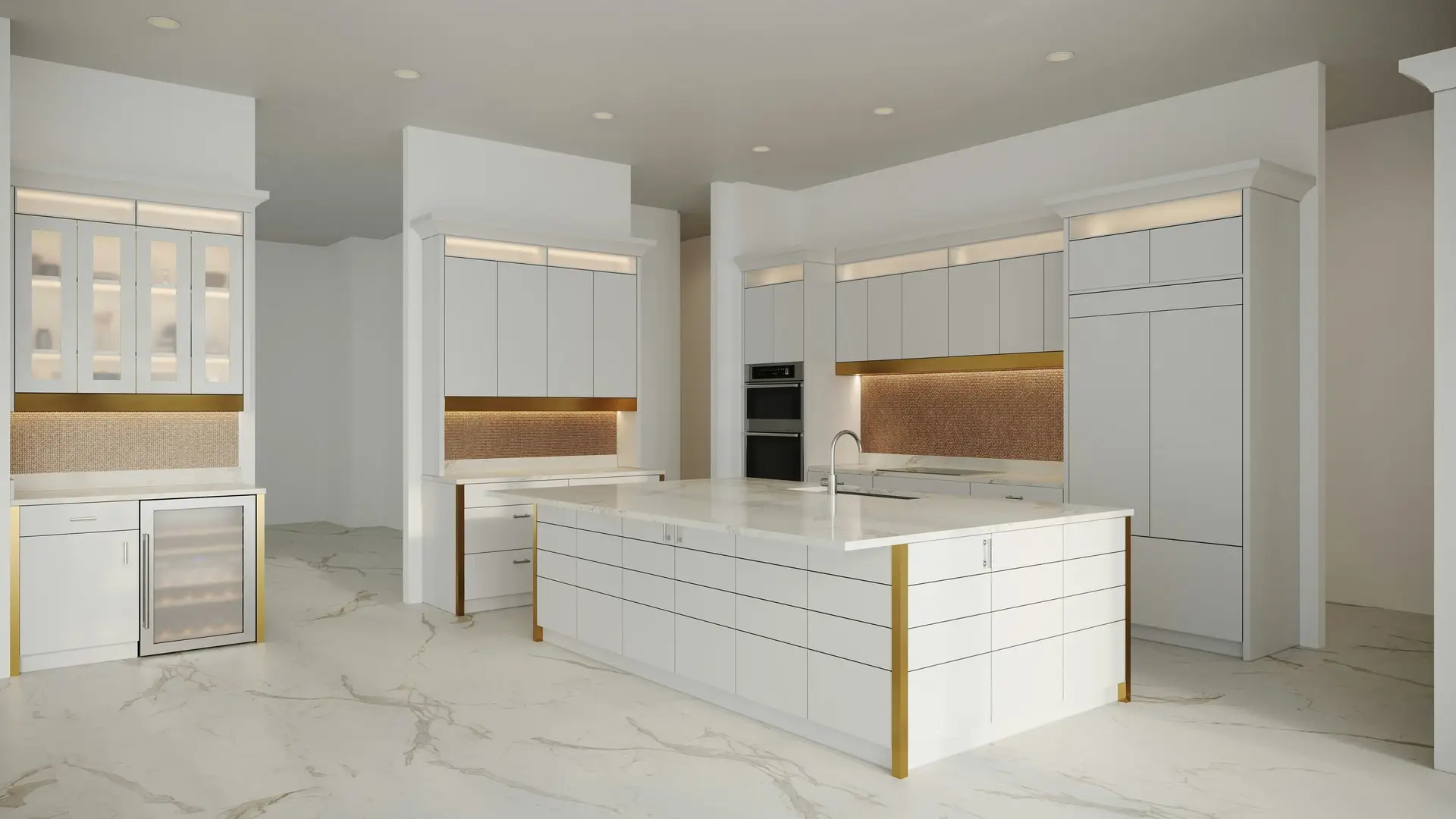Custom white and gold luxury kitchen with marble island, designed and installed by Earth Cone