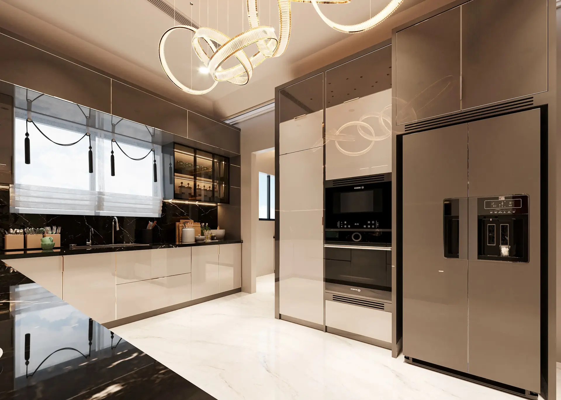 Premium kitchen featuring designer ring LED chandelier and luxury electrical fit-out, UAE
